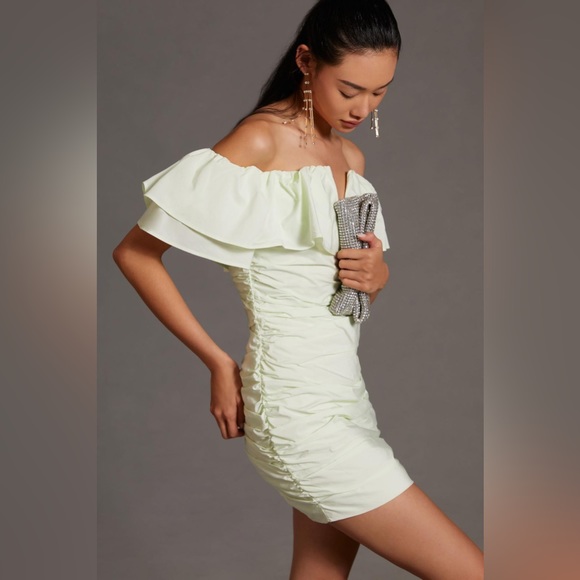 ✨ Anthropologie Ruched Off-The-Shoulder Dress Sz 14 - Picture 4 of 5